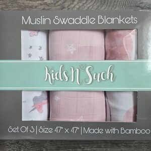 Kids N' Such Muslin Swaddle Blankets Set of 3 Pink Unicorn Stars Bamboo 47"x47"